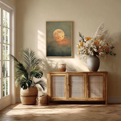 Full Moon Print – Flying Birds Night Sky Poster | Atmospheric Wall Art