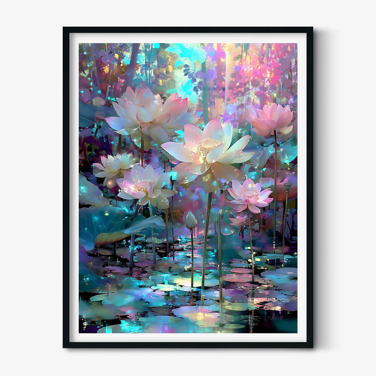 Glowing Lotus Print – Colourful Fantasy Pond Poster | Zen Floral Wall Art