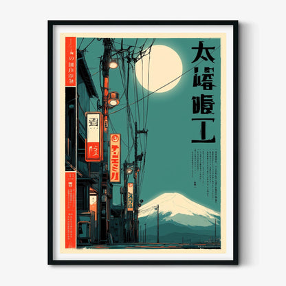 Tokyo Alley Poster | Mount Fuji Art Print, Japanese City Wall Art | Neon Night Decor
