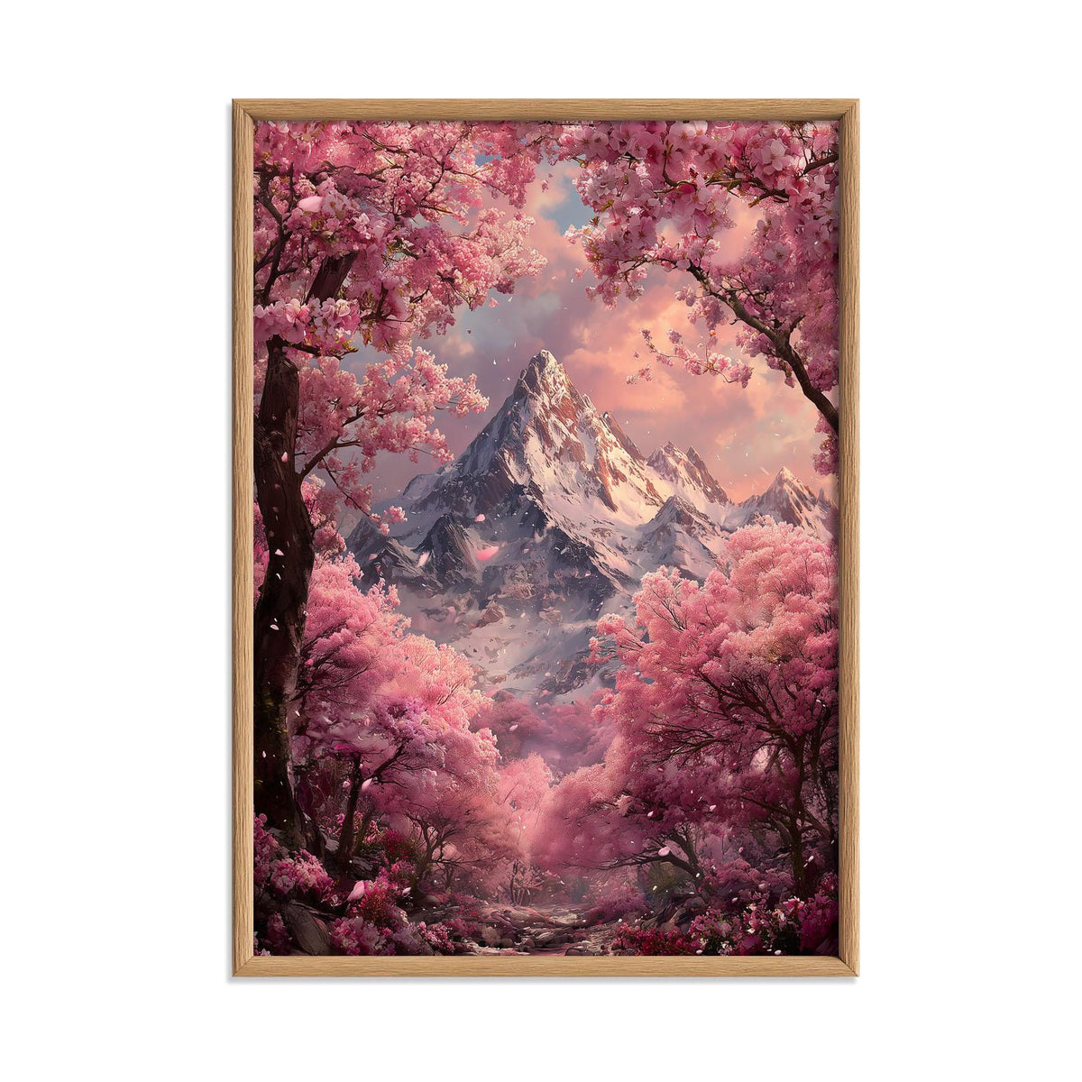 Cherry Blossom Mountain Print – Pink Fantasy Landscape | Dreamy Wall Art
