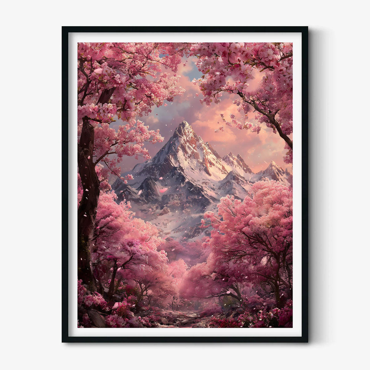 Cherry Blossom Mountain Print – Pink Fantasy Landscape | Dreamy Wall Art