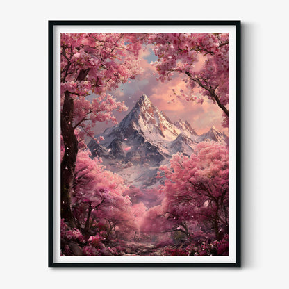Cherry Blossom Mountain Print – Pink Fantasy Landscape | Dreamy Wall Art