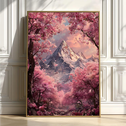 Cherry Blossom Mountain Print – Pink Fantasy Landscape | Dreamy Wall Art