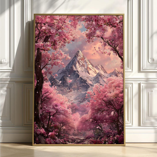 Cherry Blossom Mountain Print – Pink Fantasy Landscape | Dreamy Wall Art