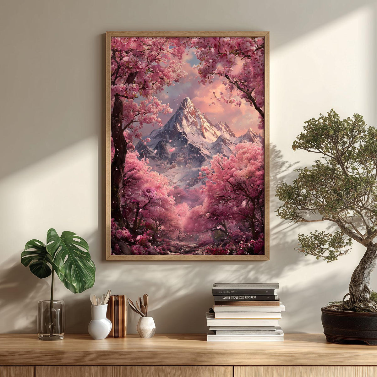 Cherry Blossom Mountain Print – Pink Fantasy Landscape | Dreamy Wall Art