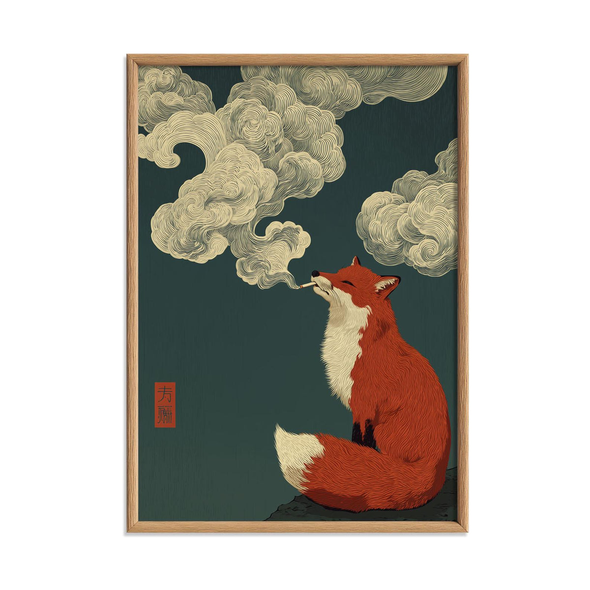 Smoking Fox Poster | Japanese Cloud Art Print, Red Fox Wall Art | Quirky Woodland Decor