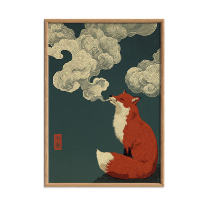 Smoking Fox Poster | Japanese Cloud Art Print, Red Fox Wall Art | Quirky Woodland Decor
