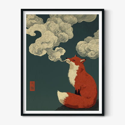 Smoking Fox Poster | Japanese Cloud Art Print, Red Fox Wall Art | Quirky Woodland Decor