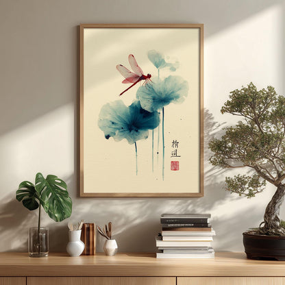 Dragonfly Lotus Wall Art | Chinese Watercolour Poster, Botanical Art Print | Zen Nature Decor