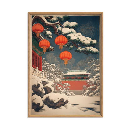 Chinese Lantern Poster | Winter Temple Wall Art, Snowy Palace Art Print | Asian New Year Decor