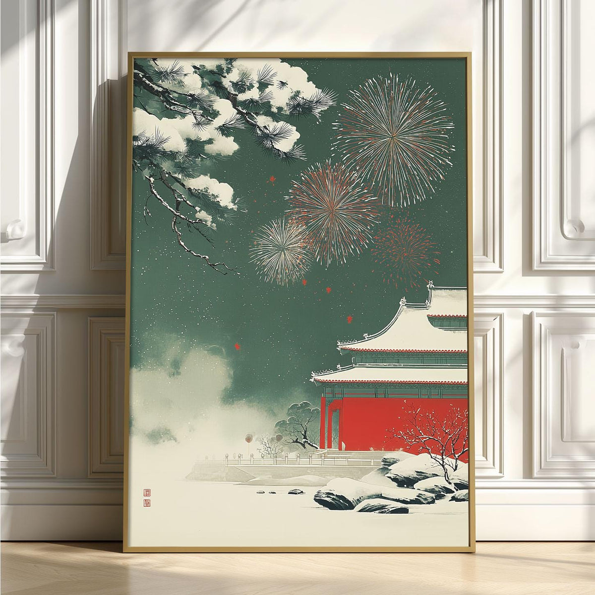 Winter Fireworks Poster | Chinese Temple Wall Art, Snowy Palace Art Print | Asian New Year Decor