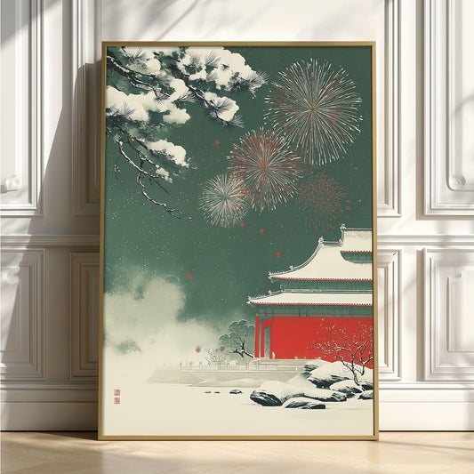 Winter Fireworks Poster | Chinese Temple Wall Art, Snowy Palace Art Print | Asian New Year Decor