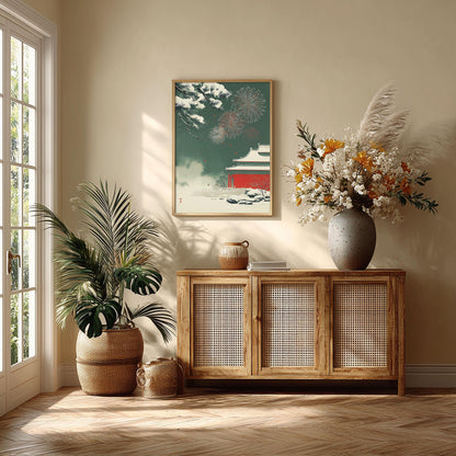 Winter Fireworks Poster | Chinese Temple Wall Art, Snowy Palace Art Print | Asian New Year Decor
