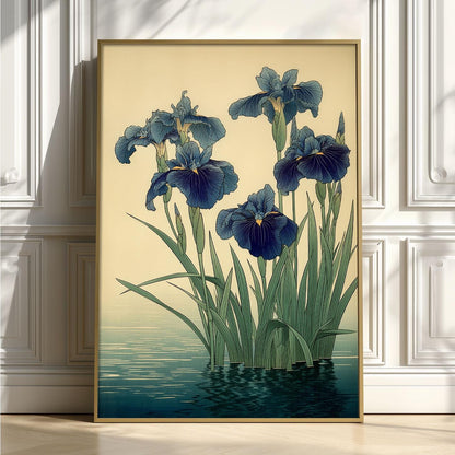 Japanese Iris Wall Art | Blue Botanical Poster, Water Garden Art Print | Zen Floral Decor
