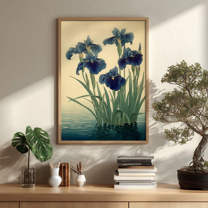 Japanese Iris Wall Art | Blue Botanical Poster, Water Garden Art Print | Zen Floral Decor