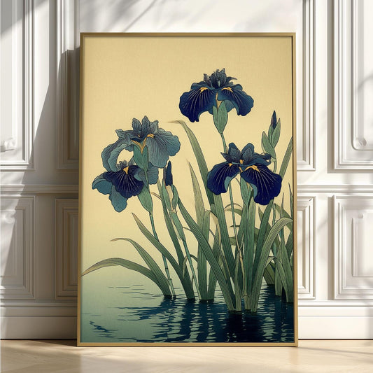 Blue Iris Wall Art | Japanese Floral Poster, Water Garden Art Print | Zen Botanical Decor