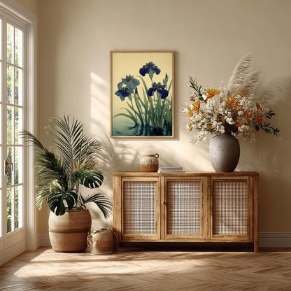 Blue Iris Wall Art | Japanese Floral Poster, Water Garden Art Print | Zen Botanical Decor