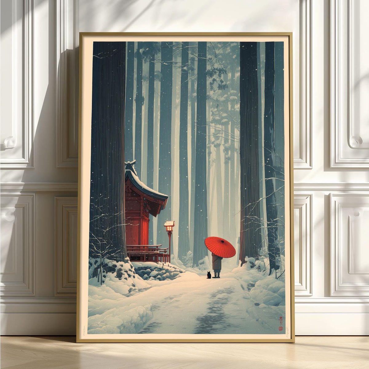 Japanese Winter Forest Poster | Snowy Shrine Wall Art | Red Umbrella Art Print | Zen Landscape Decor