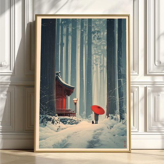 Japanese Winter Forest Poster | Snowy Shrine Wall Art | Red Umbrella Art Print | Zen Landscape Decor