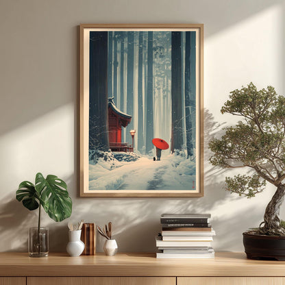 Japanese Winter Forest Poster | Snowy Shrine Wall Art | Red Umbrella Art Print | Zen Landscape Decor