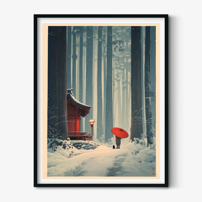 Japanese Winter Forest Poster | Snowy Shrine Wall Art | Red Umbrella Art Print | Zen Landscape Decor