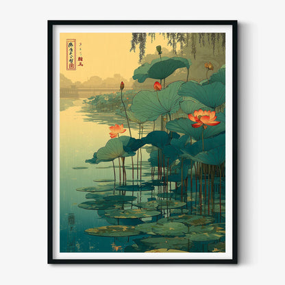 Lotus Pond Wall Art | Japanese Botanical Poster | Water Garden Art Print | Zen Nature Decor