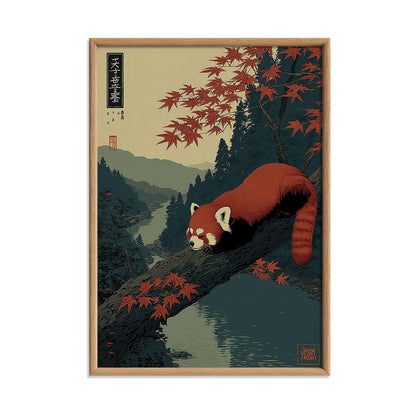Red Panda Poster | Japanese Autumn Wall Art | Mountain Forest Art Print | Zen Wildlife Decor