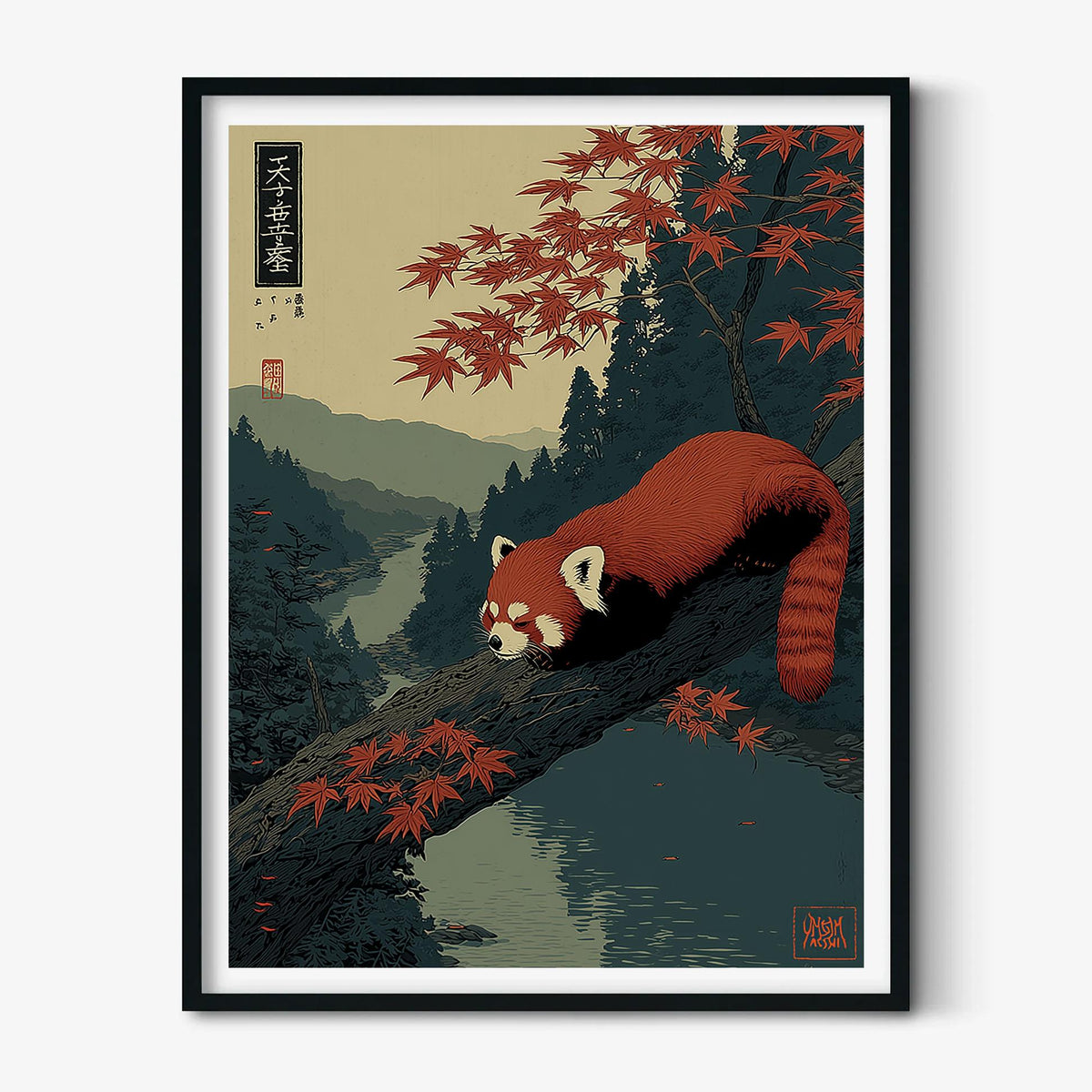 Red Panda Poster | Japanese Autumn Wall Art | Mountain Forest Art Print | Zen Wildlife Decor