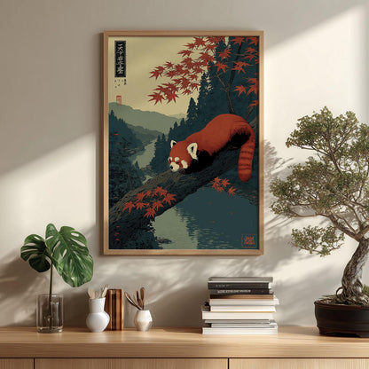 Red Panda Poster | Japanese Autumn Wall Art | Mountain Forest Art Print | Zen Wildlife Decor