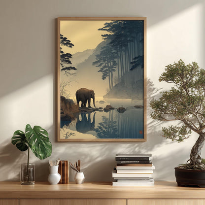 Elephant Wall Art | Japanese Forest Poster | Misty River Art Print | Zen Wildlife Decor
