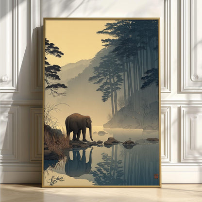 Elephant Wall Art | Japanese Forest Poster | Misty River Art Print | Zen Wildlife Decor