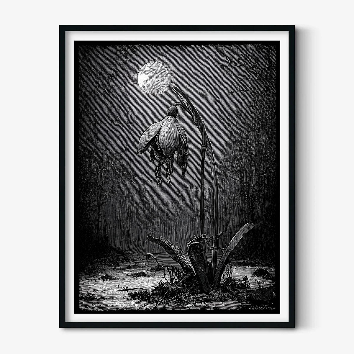 Snowdrop Flower Print – Black & White Botanical Poster | Gothic Wall Art
