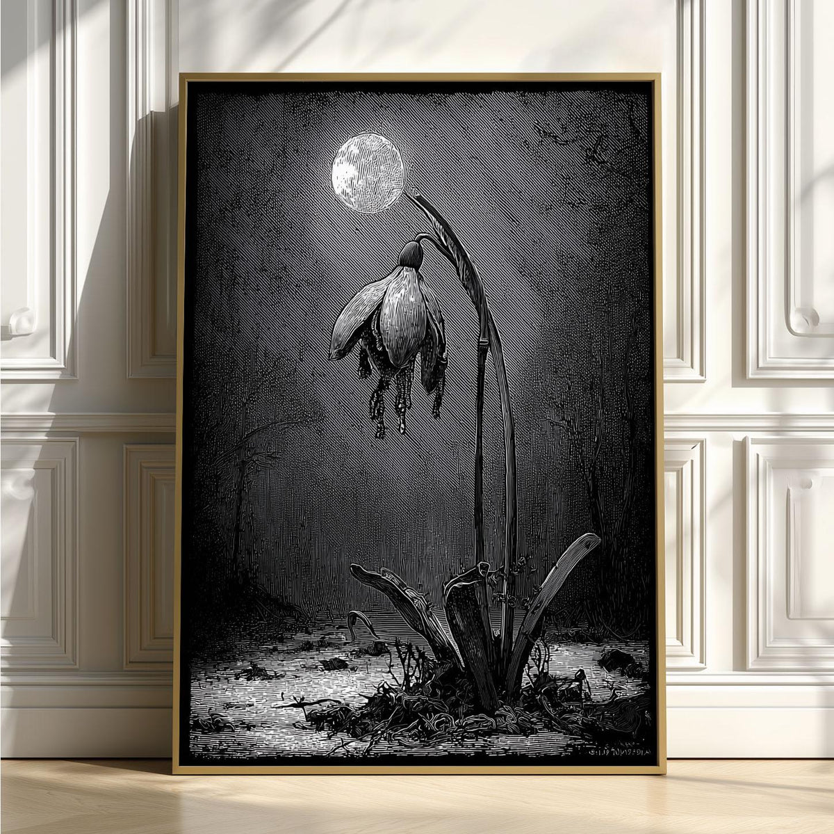 Snowdrop Flower Print – Black & White Botanical Poster | Gothic Wall Art