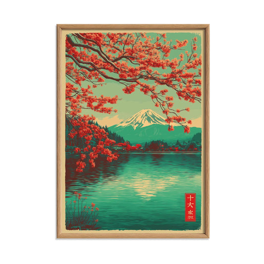 Mount Fuji Wall Art | Cherry Blossom Poster | Japanese Lake Art Print | Vintage Travel Decor