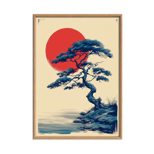 Japanese Pine Wall Art | Red Sun Poster | Bonsai Tree Art Print | Zen Landscape Decor