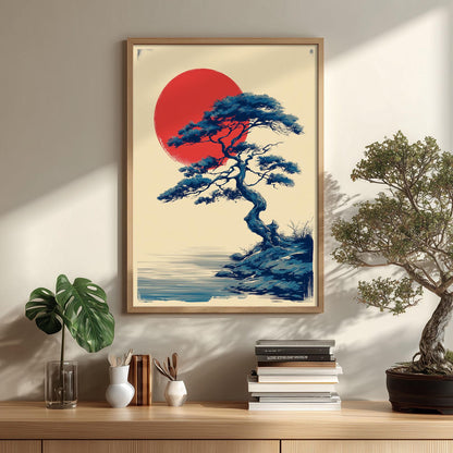 Japanese Pine Wall Art | Red Sun Poster | Bonsai Tree Art Print | Zen Landscape Decor
