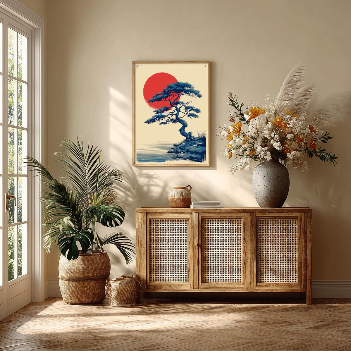 Japanese Pine Wall Art | Red Sun Poster | Bonsai Tree Art Print | Zen Landscape Decor