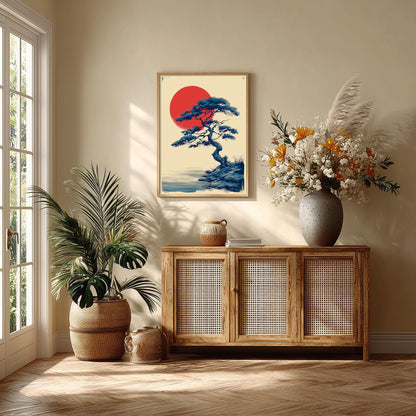 Japanese Pine Wall Art | Red Sun Poster | Bonsai Tree Art Print | Zen Landscape Decor