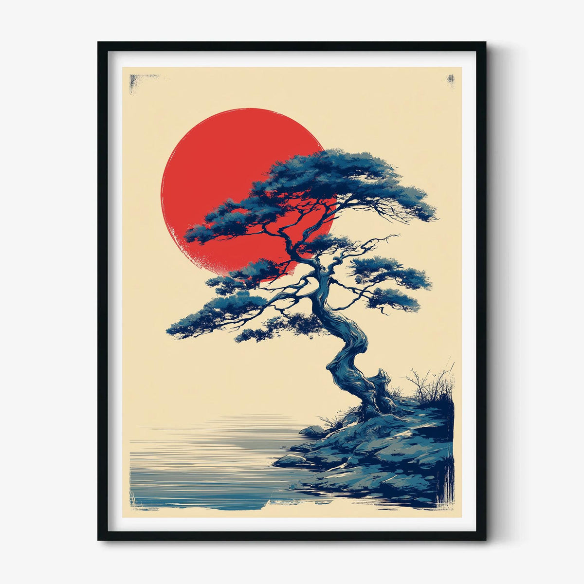 Japanese Pine Wall Art | Red Sun Poster | Bonsai Tree Art Print | Zen Landscape Decor
