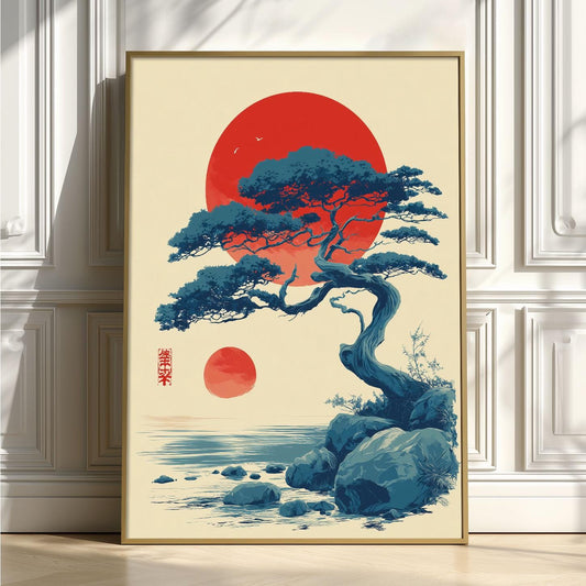 Japanese Pine Tree Wall Art | Red Sun Poster | Zen Landscape Art Print | Japandi Nature Decor