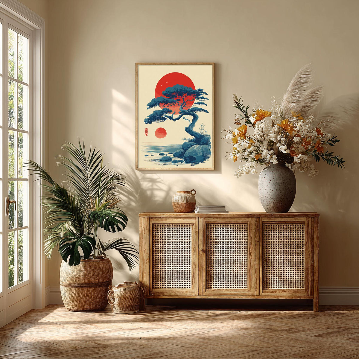 Japanese Pine Tree Wall Art | Red Sun Poster | Zen Landscape Art Print | Japandi Nature Decor