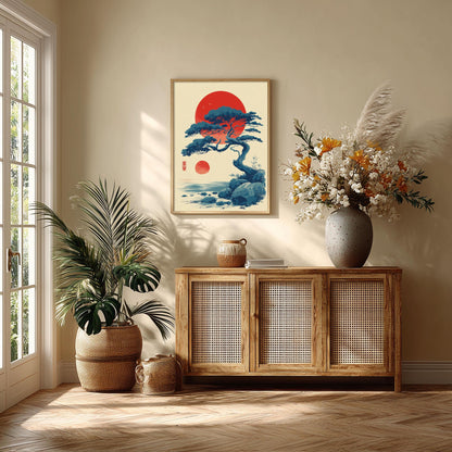 Japanese Pine Tree Wall Art | Red Sun Poster | Zen Landscape Art Print | Japandi Nature Decor