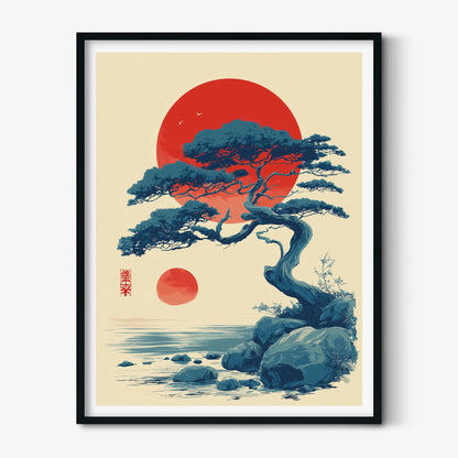Japanese Pine Tree Wall Art | Red Sun Poster | Zen Landscape Art Print | Japandi Nature Decor
