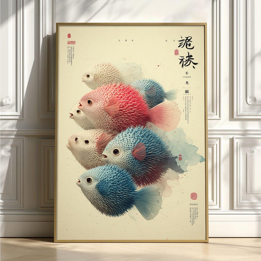 Pufferfish Wall Art | Japanese Fish Poster | Colourful Sea Life Print | Coastal Bathroom Decor