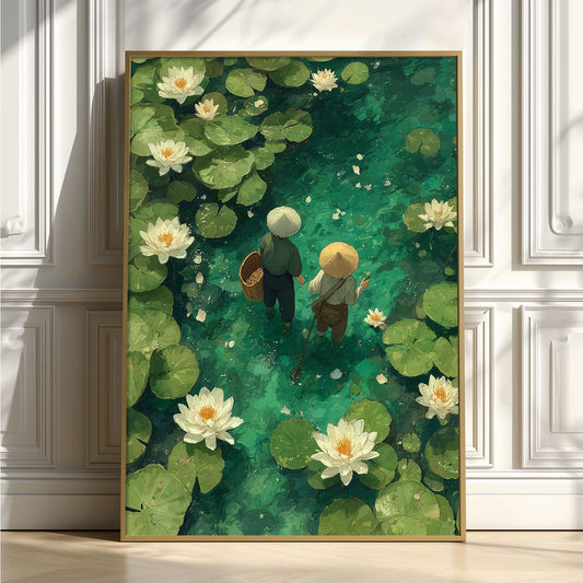 Water Lily Pond Art Print | Japanese Garden, Zen Nature Decor