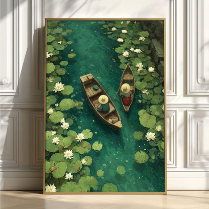 Water Lily Boat Art Print | Japanese Garden Pond Poster, Zen Nature Decor