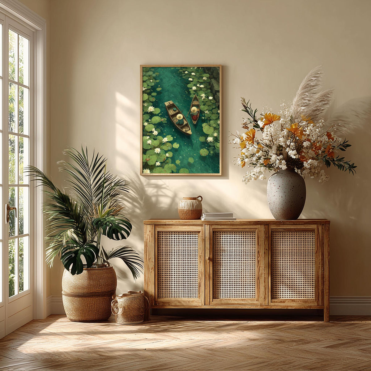 Water Lily Boat Art Print | Japanese Garden Pond Poster, Zen Nature Decor