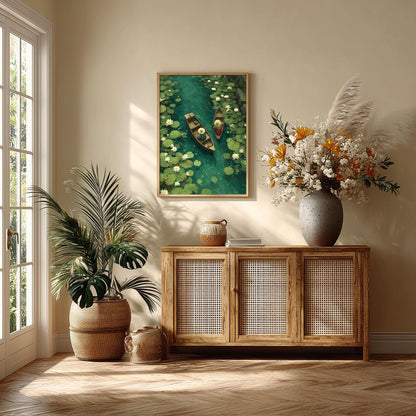 Water Lily Boat Art Print | Japanese Garden Pond Poster, Zen Nature Decor