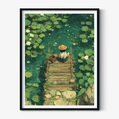 Water Lily Dock Art Print | Peaceful Lotus Pond, Zen Garden Nature Decor