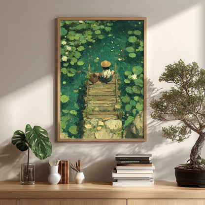Water Lily Dock Art Print | Peaceful Lotus Pond, Zen Garden Nature Decor